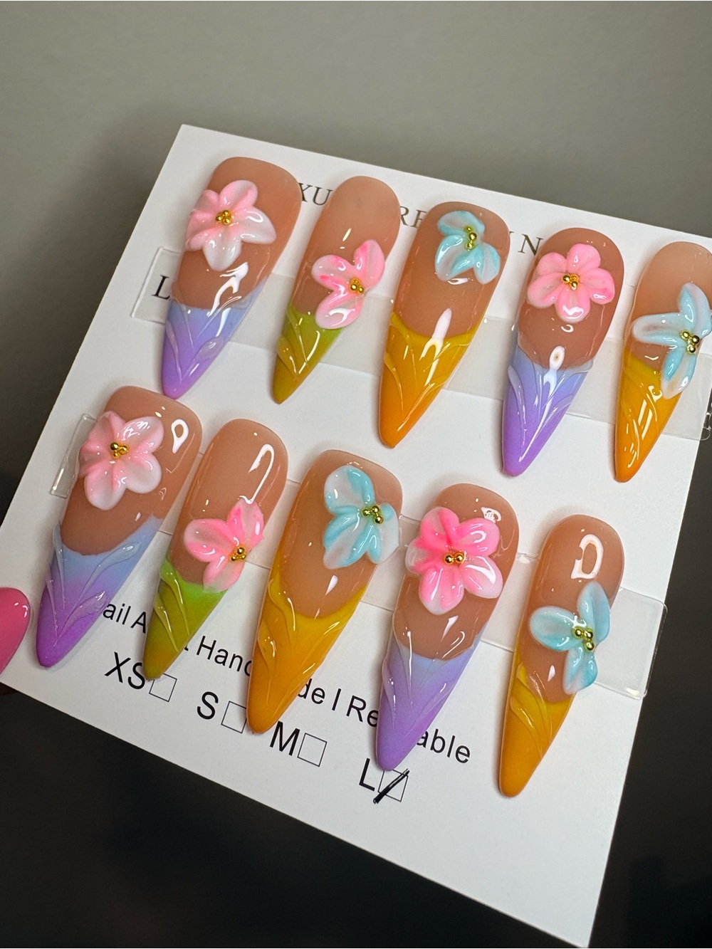 Handmade Floral Ombre Stiletto Press-On Nails - Pink Blue Yellow Flowers